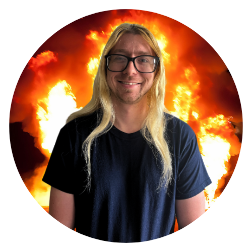 Staff member Matt with an alternate background of flames