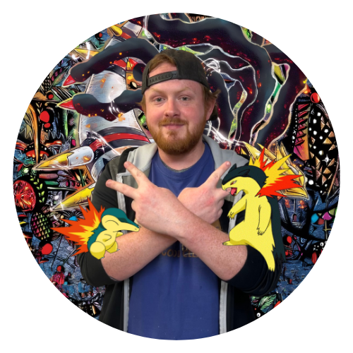 photo of employee Chris with some superimposed pokemon sitting on his arms as he does a double peace sign